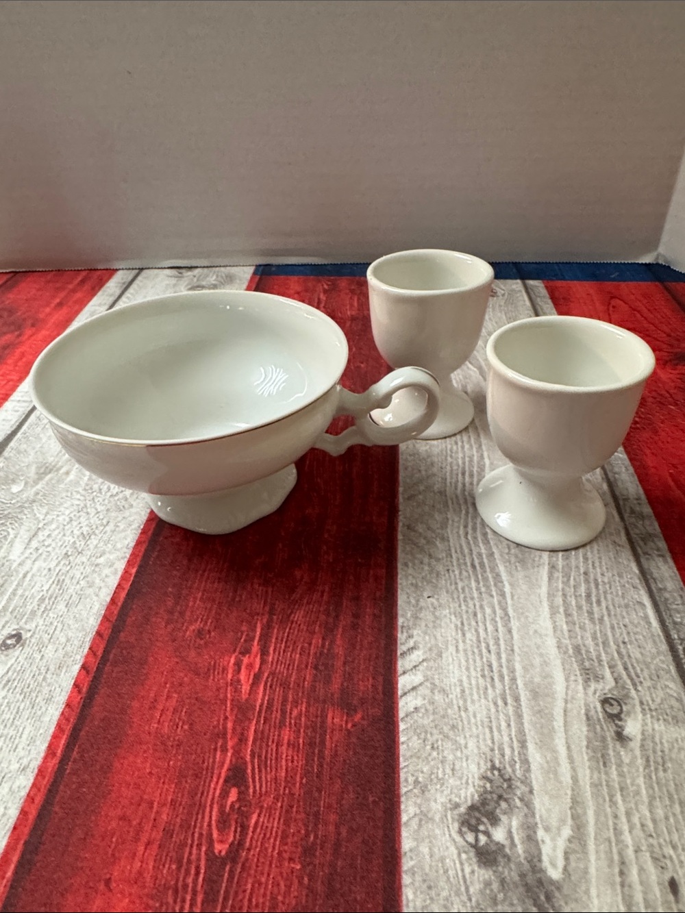 Vintage White/Cream Ceramic Pedestal Tea Cup and Egg Cups Set